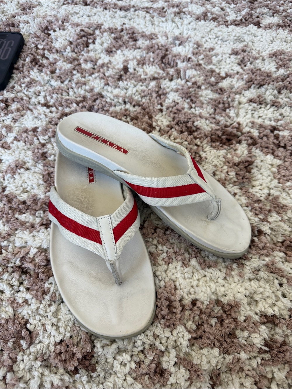 Prada White and Red Strap Women's Thong Sandals